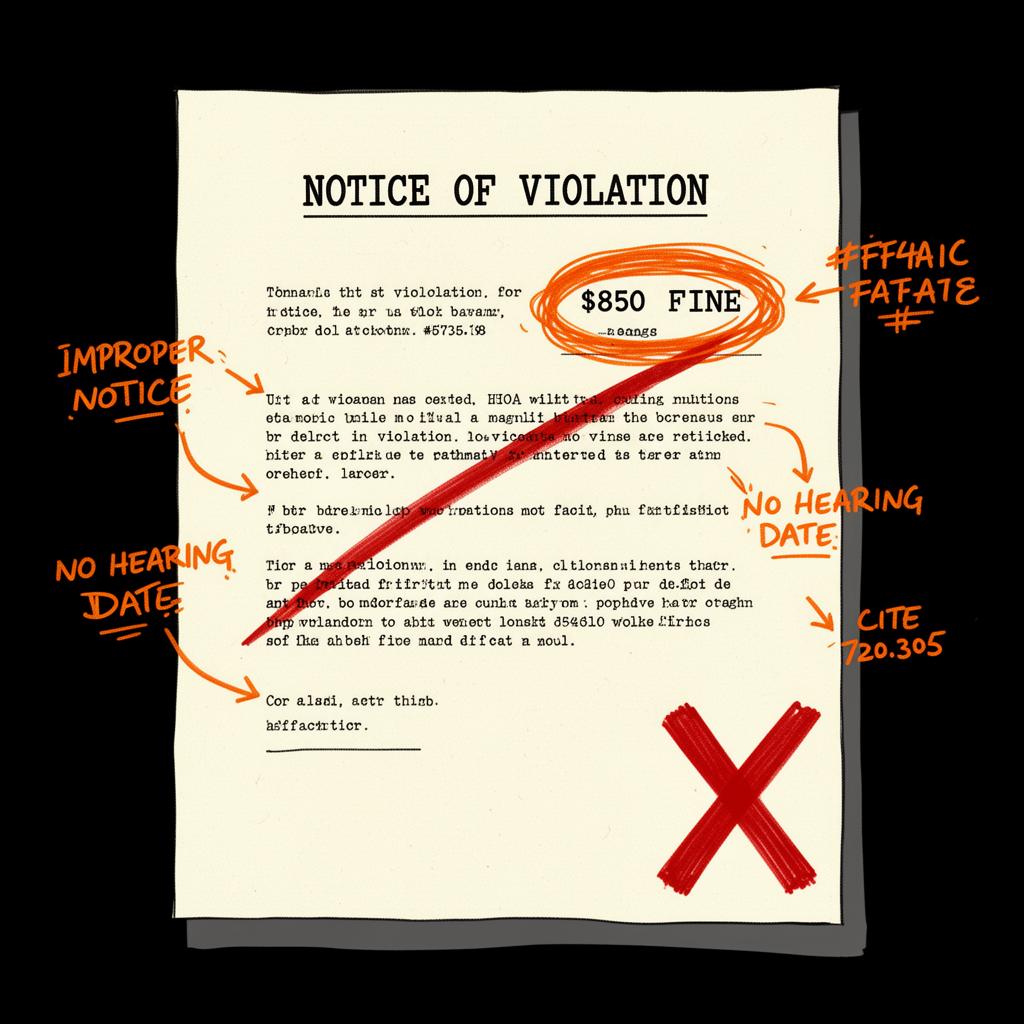 HOA violation notice covered in red marker annotations exposing procedural defects, with a hand-scrawled F MY HOA stamp across the top
